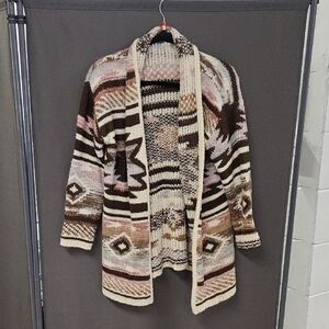CHARLIE B Open-Front Aztec Cardigan in Pink, Brown & Cream